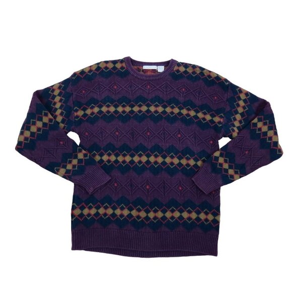 Vintage Other - Vintage CLAIBORNE Pullover Grandpa Sweater M Purple Fair Isle Diamond Cosby